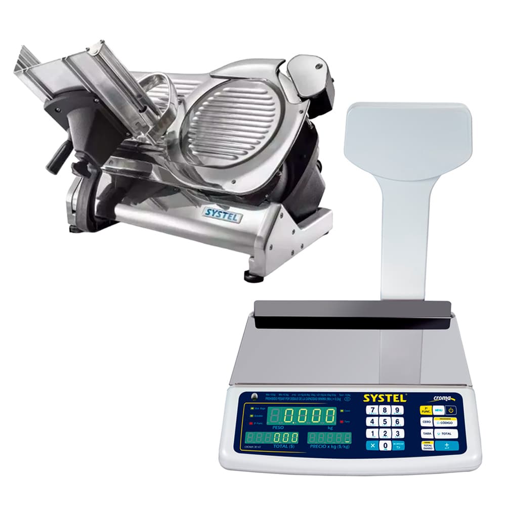 Kit Systel Balanza Comercial Croma Bateria 31kg Mástil 200 Articulos  Cortadora de Fiambre CF330 13hp 330mm Acero Fiambreria Almacen